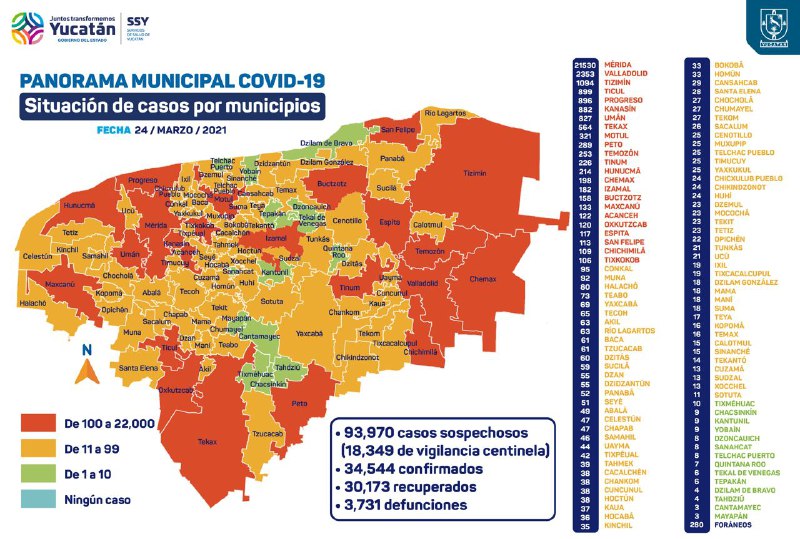 Mapa del COVID-19 hoy en Yucatán por municipios - 24 de marzo del 2021